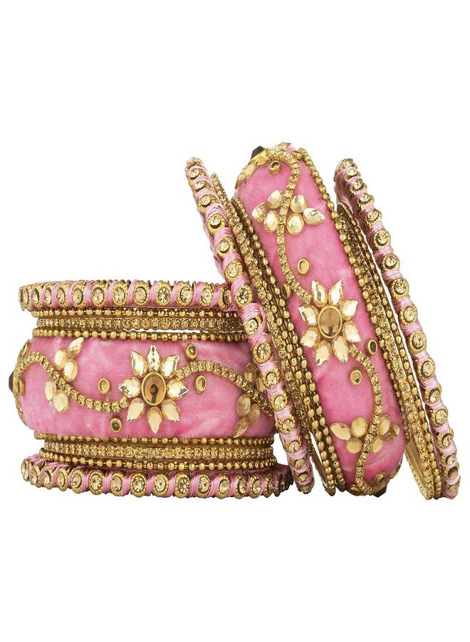Aheli Beautiful Indian Wedding Wear Handmade Faux Stone Studded Velvet Bangle Set Chuda Bollywood Ethnic Fashion Jewelry Gift for Women Light Pink - Image 2