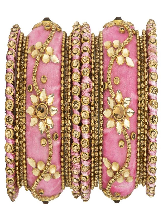 Aheli Beautiful Indian Wedding Wear Handmade Faux Stone Studded Velvet Bangle Set Chuda Bollywood Ethnic Fashion Jewelry Gift for Women Light Pink - Image 4