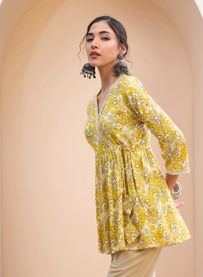 SASSAFRAS Yellow Floral Wrap Neck Peplum Kurti - Image 3