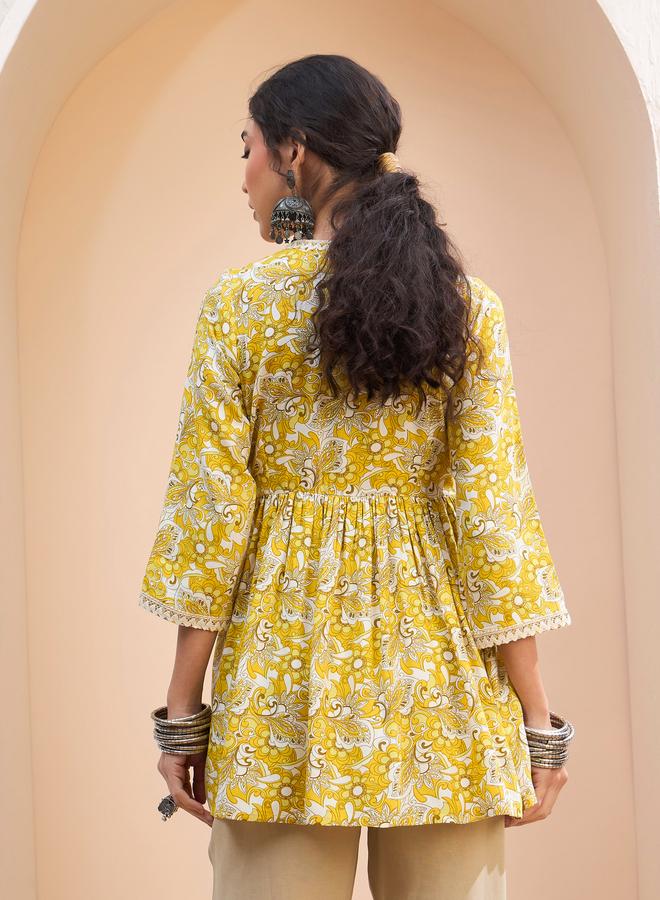 SASSAFRAS Yellow Floral Wrap Neck Peplum Kurti - Image 5