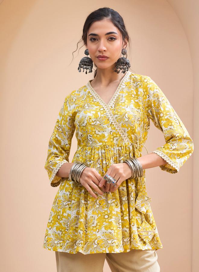 SASSAFRAS Yellow Floral Wrap Neck Peplum Kurti - Image 1