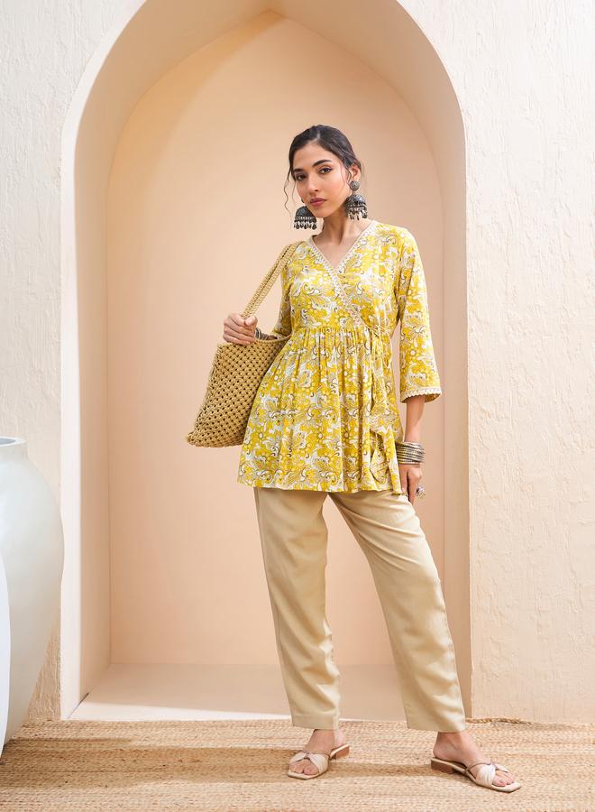 SASSAFRAS Yellow Floral Wrap Neck Peplum Kurti - Image 2