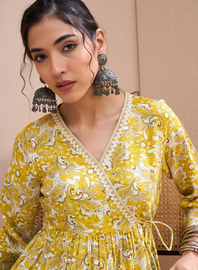 SASSAFRAS Yellow Floral Wrap Neck Peplum Kurti - Image 4
