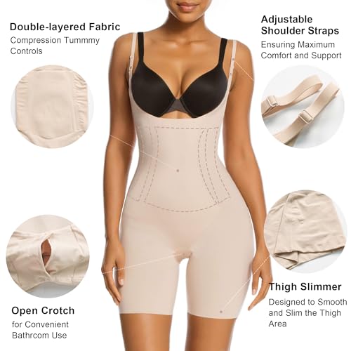 SHAPERX Shapewear for Women Tummy Control Open Bust Thigh Slimmer Body Shaper, SZ2490293-Beige-S - Image 4