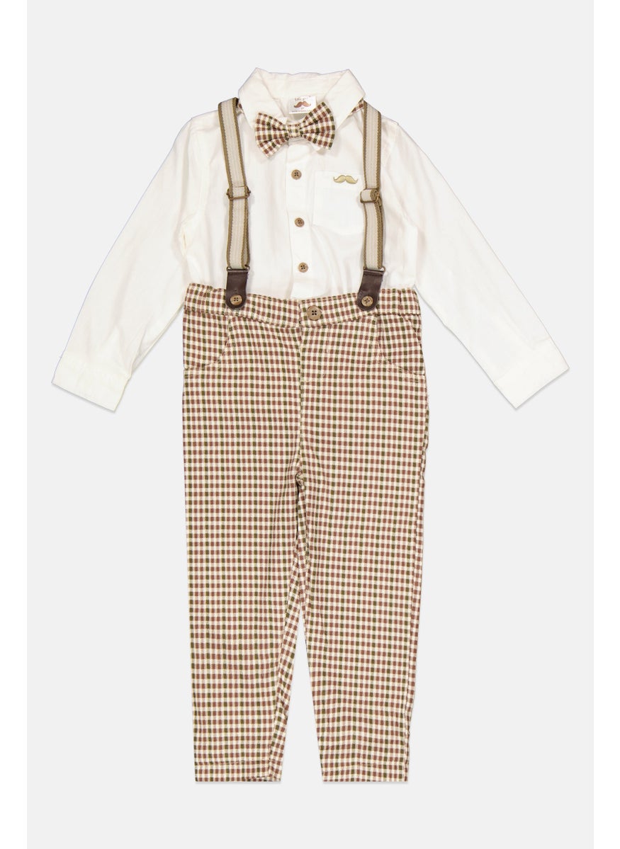 Little Gent - Toddlers Boy 4 Pieces Checkered Pants, Shirt, Bow Tie And Detachable Suspender Belts, White - Image 1