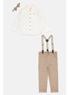 Toddlers Boy 4 Pieces Checkered Pants, Shirt, Bow Tie And Detachable Suspender Belts, White