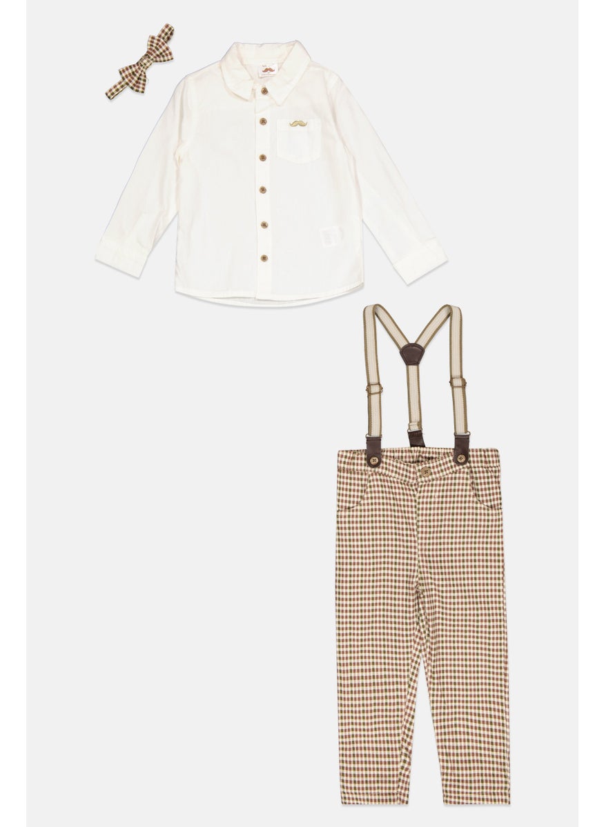 Little Gent - Toddlers Boy 4 Pieces Checkered Pants, Shirt, Bow Tie And Detachable Suspender Belts, White - Image 1