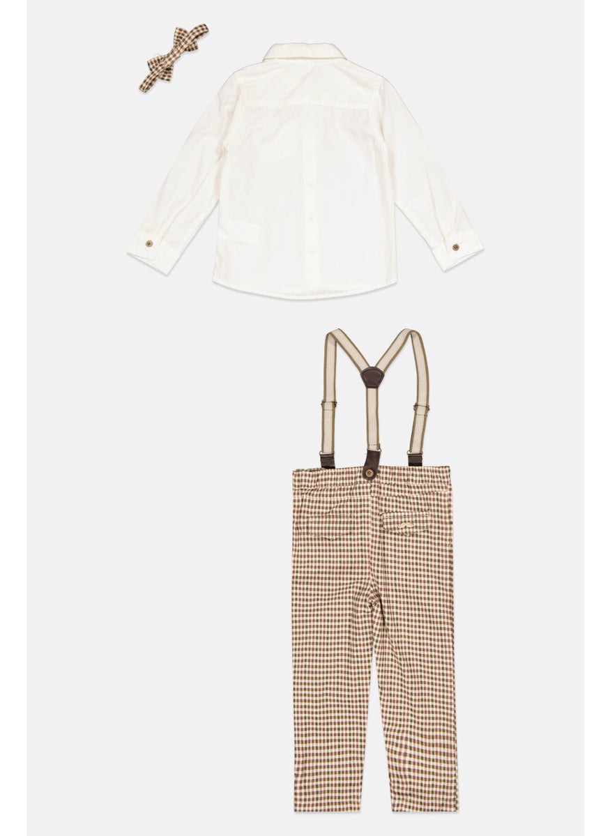 Little Gent - Toddlers Boy 4 Pieces Checkered Pants, Shirt, Bow Tie And Detachable Suspender Belts, White - Image 1