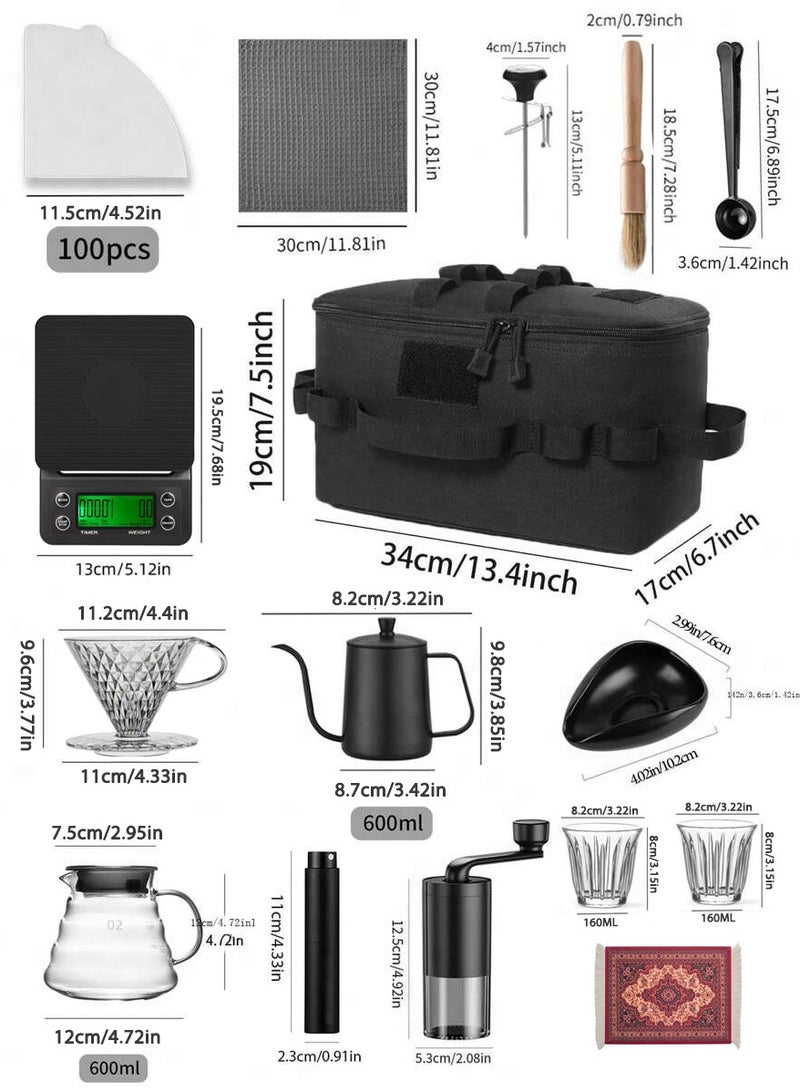دائرة مربعة مجموعة قهوة V60 مكونة من 16 قطعة - طقم باريستا مع مطحنة قهوة، غلاية، فلتر وحقيبة حمل للسفر والتخييم المنزلي والمكتب والمنزل والهدايا - Image 2