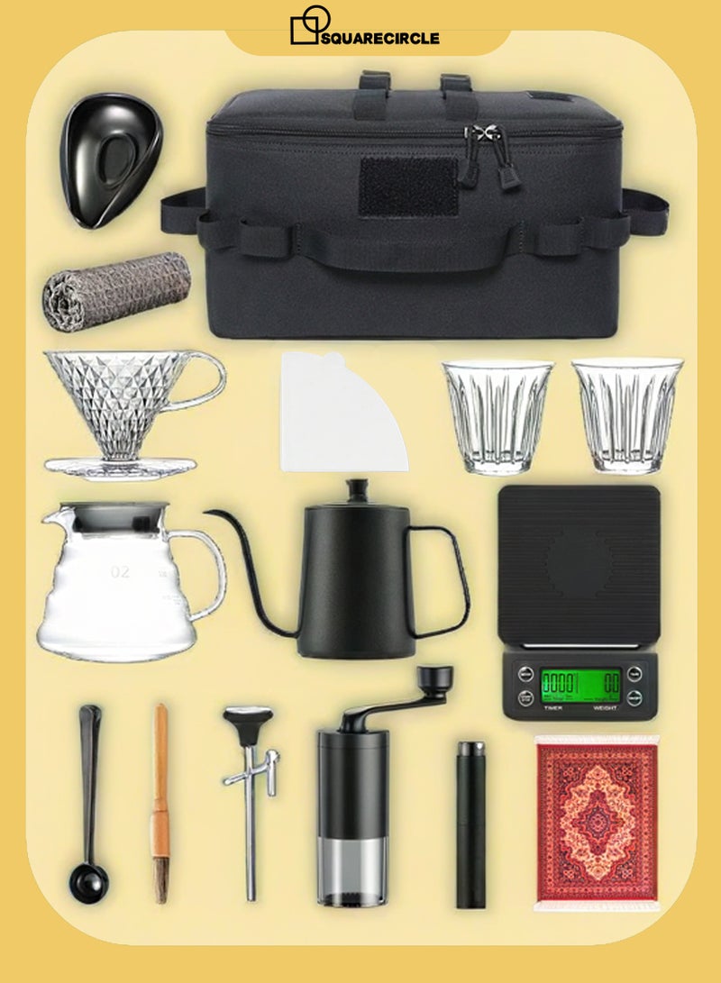 دائرة مربعة مجموعة قهوة V60 مكونة من 16 قطعة - طقم باريستا مع مطحنة قهوة، غلاية، فلتر وحقيبة حمل للسفر والتخييم المنزلي والمكتب والمنزل والهدايا - Image 1