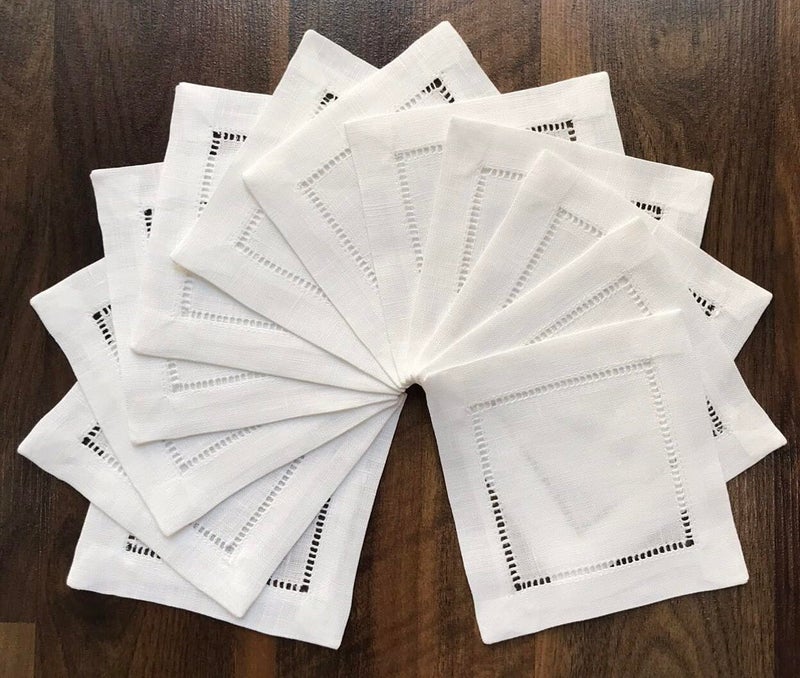 Ladder Hemstitch 100 White Linen Cocktail Napkins 4x4 A Dozen Cloth Napkin CoastersSet of 12 Linen Beverage Party Cocktail Napkin