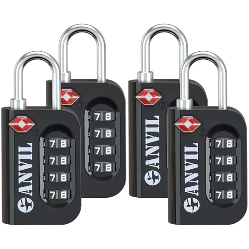 ANVIL TSA Approved Luggage Lock - 4 Digit Combination, 10,000 Combinations, Easy-Read Password Window, Travel Lock for Suitcases, Backpacks, Gym & Student Lockers, Baggage (Black 4 Pack) - Image 1