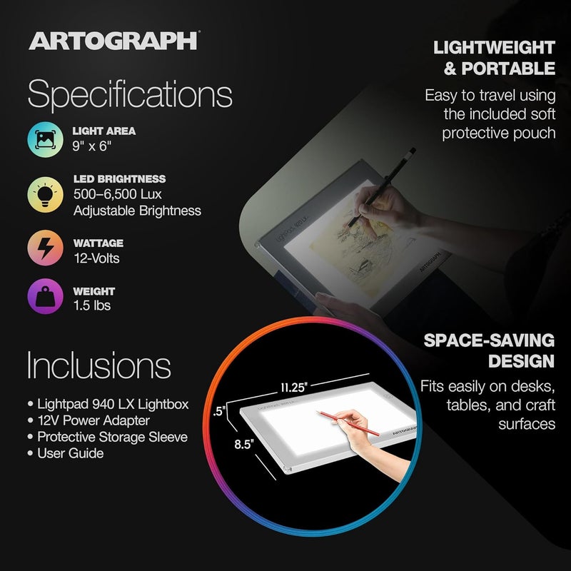 Artograph صندوق إضاءة LED رفيع، 9" × 6" لوح رسم وتتبع قابل للتعتيم، LightPad 920 LX - Image 4