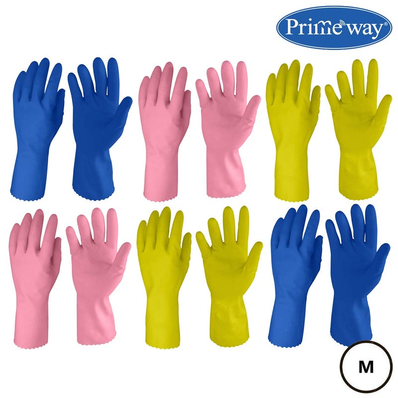 Primeway® Rubber 100% Natural Medium Flocklined Inner Cotton Lining Hand Gloves for Dishwashing | Gardening | Cleaning | Multicolor | 6 Pairs - Image 2