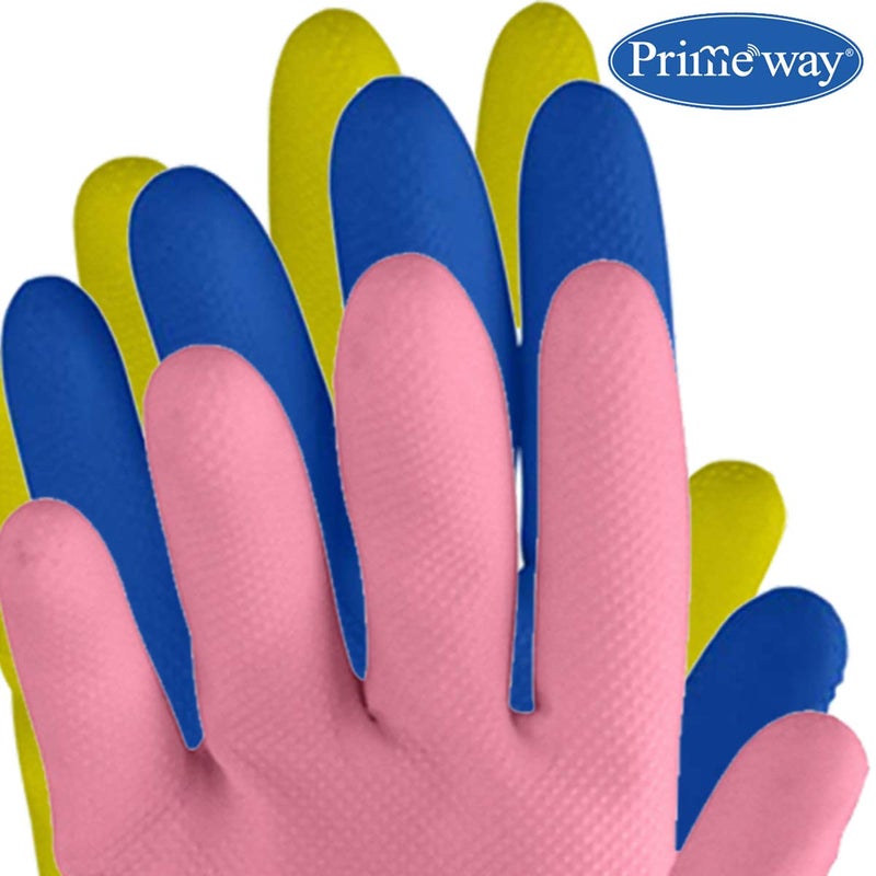 Primeway® Rubber 100% Natural Medium Flocklined Inner Cotton Lining Hand Gloves for Dishwashing | Gardening | Cleaning | Multicolor | 6 Pairs - Image 5