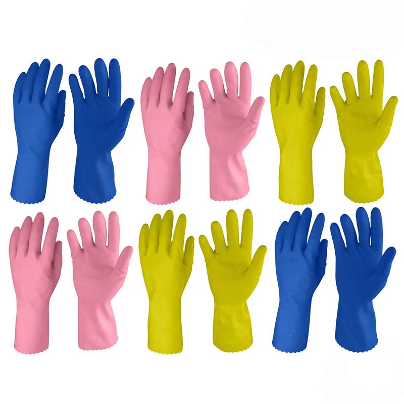 Primeway® Rubber 100% Natural Medium Flocklined Inner Cotton Lining Hand Gloves for Dishwashing | Gardening | Cleaning | Multicolor | 6 Pairs - Image 1