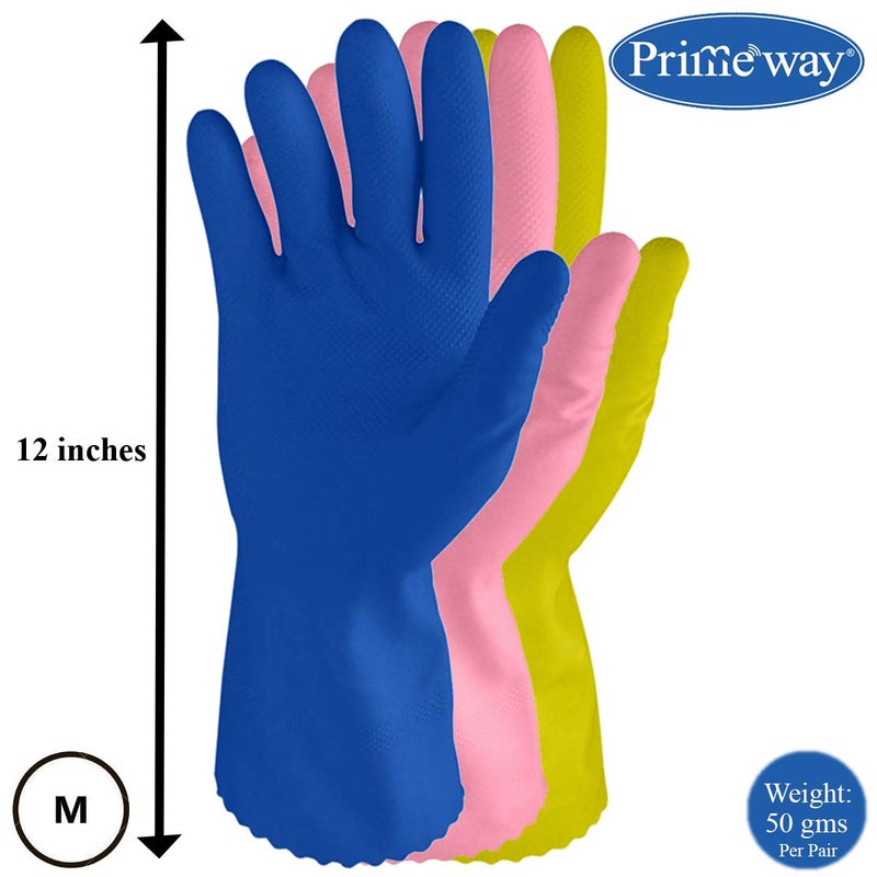 Primeway® Rubber 100% Natural Medium Flocklined Inner Cotton Lining Hand Gloves for Dishwashing | Gardening | Cleaning | Multicolor | 6 Pairs - Image 3