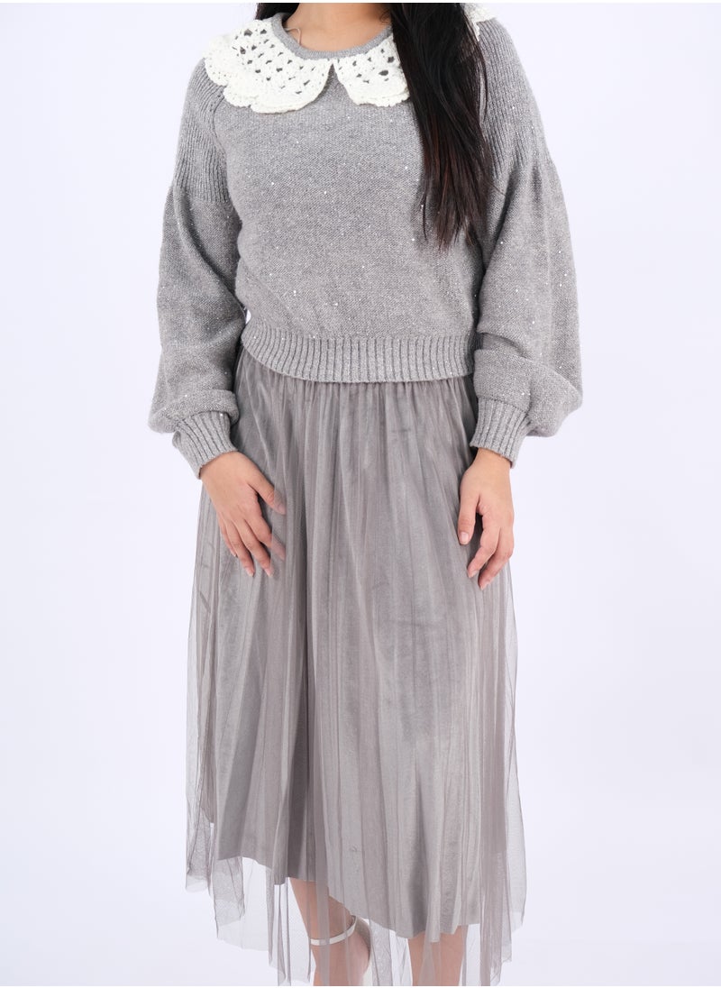 ONLY - Women’s Pleated Skirt Long Sleeves Lap Neck Dress Set in Cozy Grey - Image 1