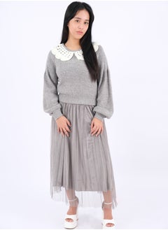 Women’s Pleated Skirt Long Sleeves Lap Neck Dress Set in Cozy Grey