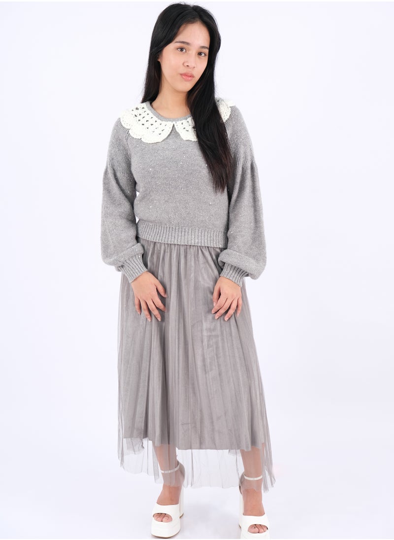 ONLY - Women’s Pleated Skirt Long Sleeves Lap Neck Dress Set in Cozy Grey - Image 1