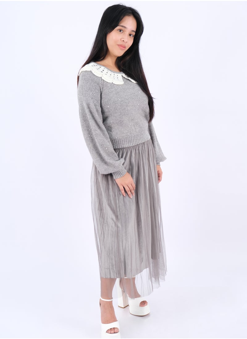 ONLY - Women’s Pleated Skirt Long Sleeves Lap Neck Dress Set in Cozy Grey - Image 1
