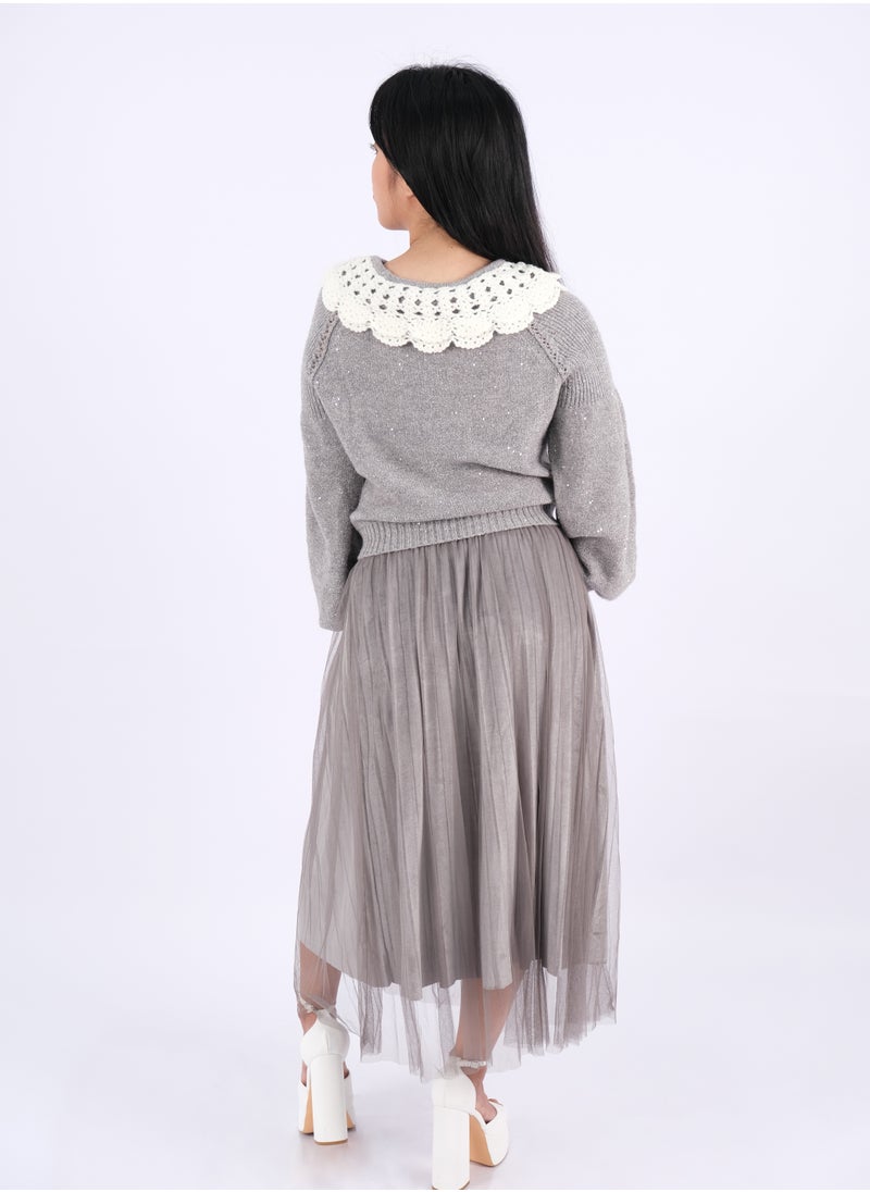 ONLY - Women’s Pleated Skirt Long Sleeves Lap Neck Dress Set in Cozy Grey - Image 1