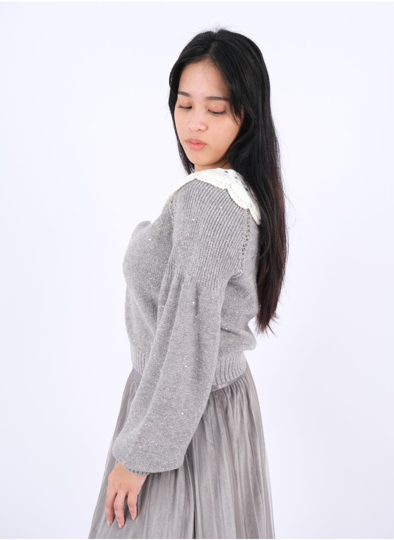 ONLY - Women’s Pleated Skirt Long Sleeves Lap Neck Dress Set in Cozy Grey - Image 1