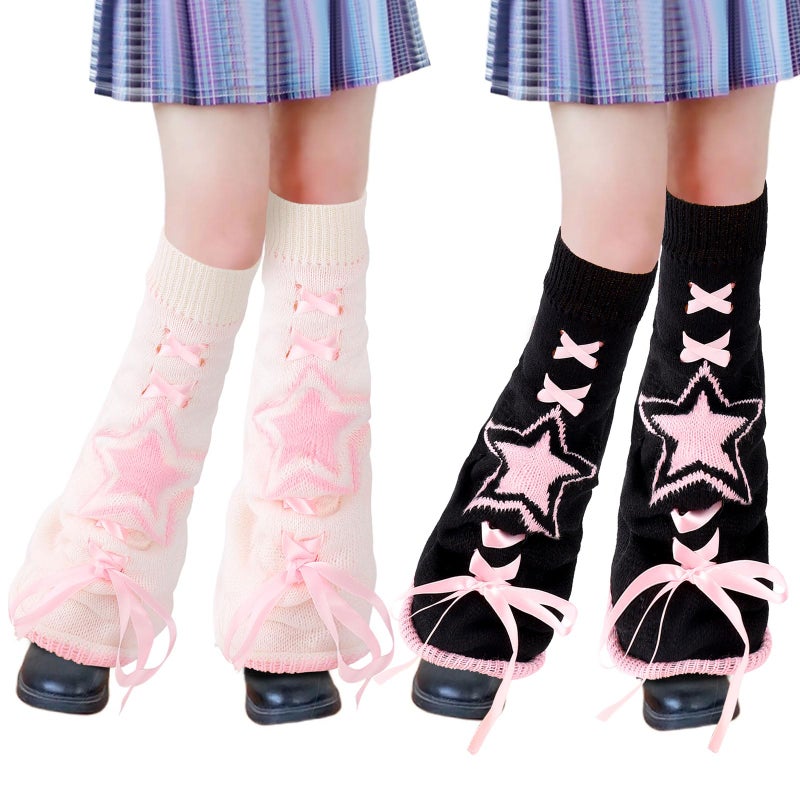 Junely Leg Warmers for Women Winter Kawaii Leg Warmer Cute Legwarmers with Bows Japanese Socks Halloween Goth Emo Lolita Gyaru Gothic Harajuku Accessories Black White Pink - Image 1