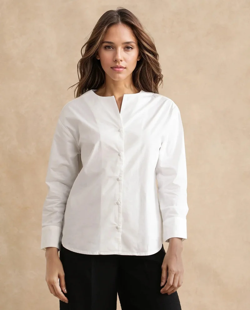 Rareism Women's Cuffed Sleeve Round Neck Button Plain Top