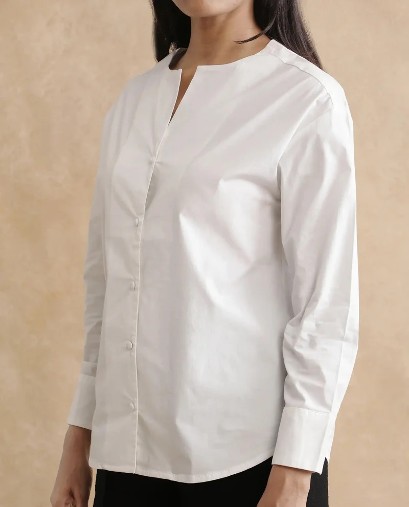 Rareism Women's Cuffed Sleeve Round Neck Button Plain Top