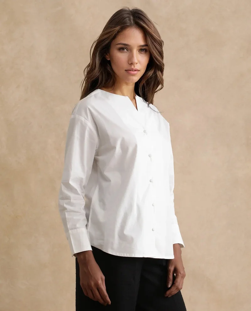 Rareism Women's Cuffed Sleeve Round Neck Button Plain Top