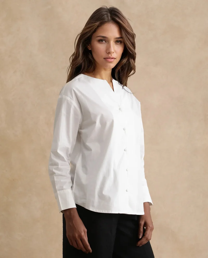 Rareism Women's Cuffed Sleeve Round Neck Button Plain Top