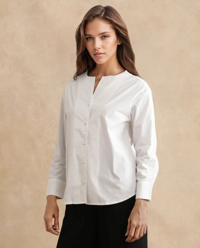 Rareism Women's Cuffed Sleeve Round Neck Button Plain Top
