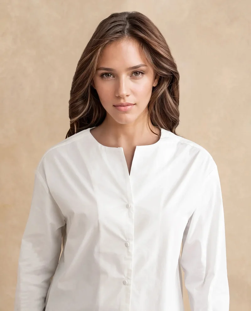 Rareism Women's Cuffed Sleeve Round Neck Button Plain Top