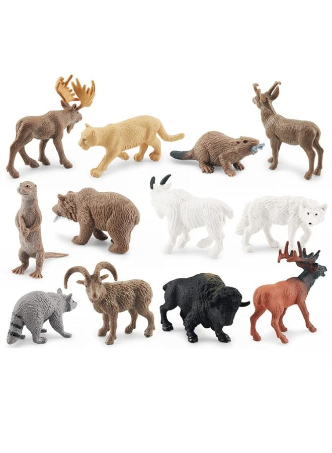 NatureMan North American Animals Set 12PCS Mini Wild Animals Figurines Set cludes Moose Raccoon Cougar Wolf Beaver for Children Educational Toy Cake Toppers - Image 1