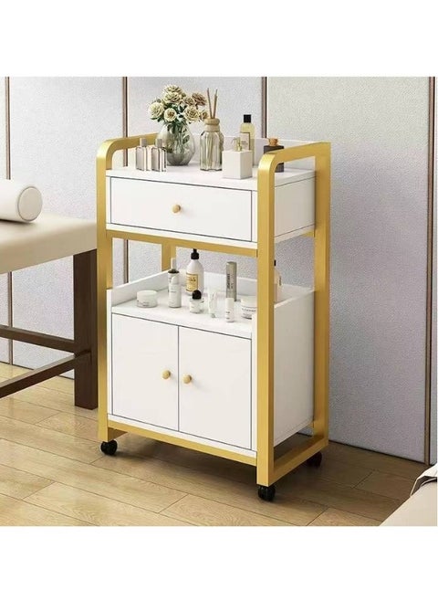 Bar Carts for The Home Modern Small Cart with Wheels Made of MDF+Steel, Bar Cart with Wheels White+Gold for Salons, Studios, Shops