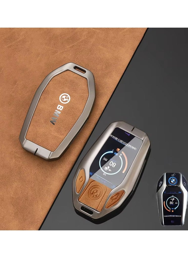 TPU Leather Key Fob Keychain Cover For BMW 5 Series X3 X7 LCD Screen Car Remote Key Case - Brown