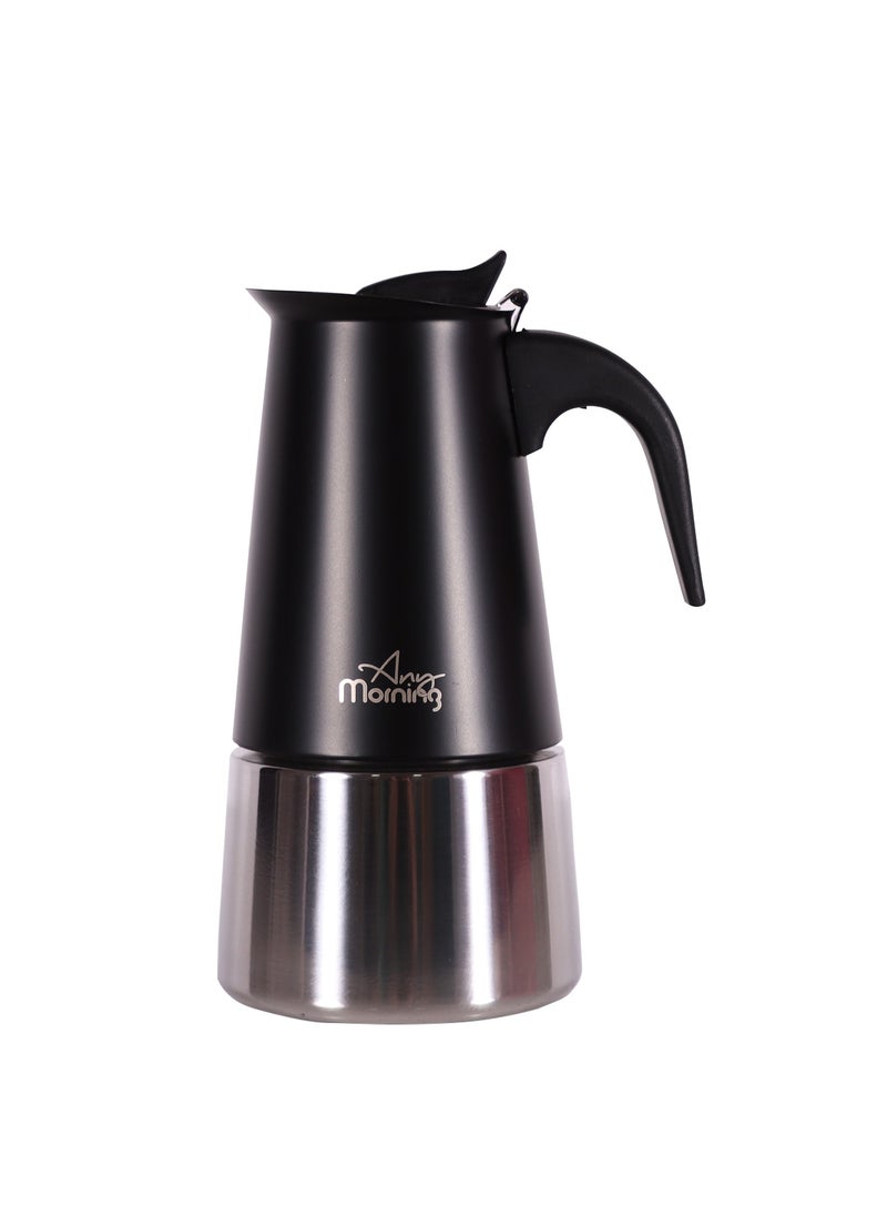 Any Morning Stovetop Espresso Coffee Maker 300ml, Stainless Steel Induction Moka Pot Compatible with All Hob Types, Italian Coffee Maker, Percolator Coffee Pot 6 Cups, 10 oz, Black - FE001-6  - Image 2
