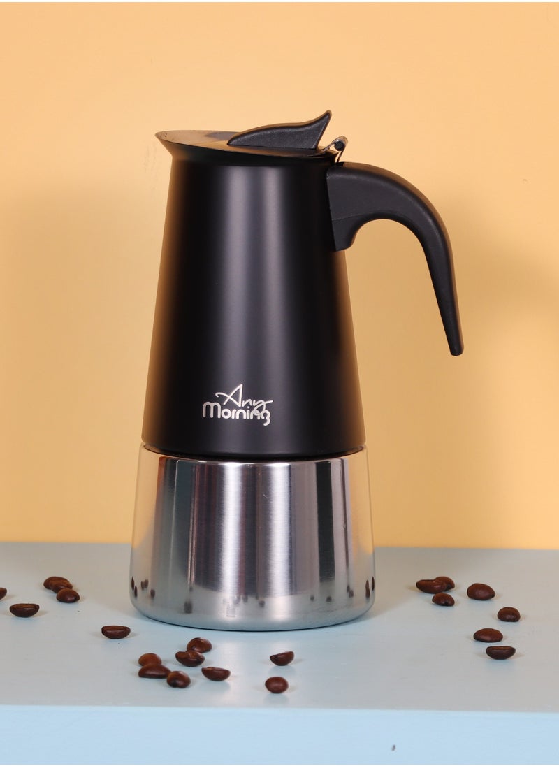 Any Morning Stovetop Espresso Coffee Maker 300ml, Stainless Steel Induction Moka Pot Compatible with All Hob Types, Italian Coffee Maker, Percolator Coffee Pot 6 Cups, 10 oz, Black - FE001-6  - Image 1