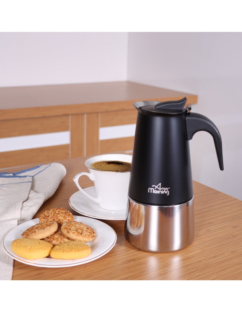 Any Morning Stovetop Espresso Coffee Maker 300ml, Stainless Steel Induction Moka Pot Compatible with All Hob Types, Italian Coffee Maker, Percolator Coffee Pot 6 Cups, 10 oz, Black - FE001-6  - Image 4