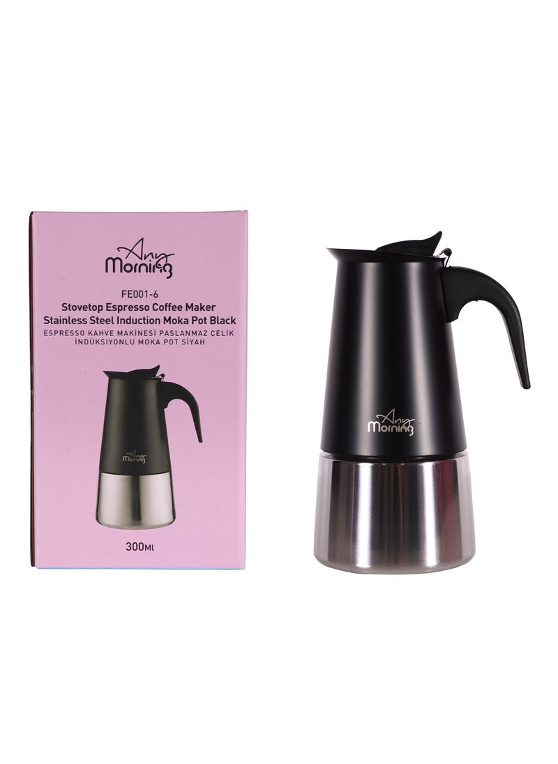 Any Morning Stovetop Espresso Coffee Maker 300ml, Stainless Steel Induction Moka Pot Compatible with All Hob Types, Italian Coffee Maker, Percolator Coffee Pot 6 Cups, 10 oz, Black - FE001-6  - Image 5