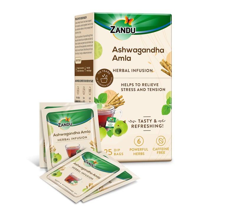 Zandu Ashwagandha Amla Ayurvedic Infusion, a Herbal Tea Enriched with 6 Ayurvedic Ingredients (25 Tea Bags) - Image 1