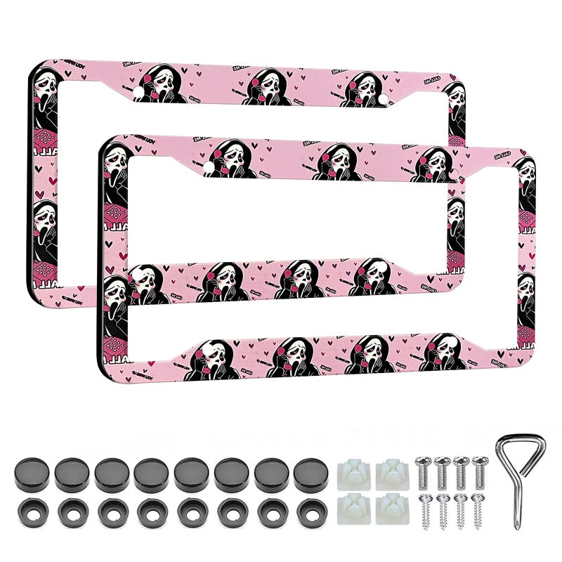 LIN KANG License Plate Frames Holder for Women - 2 Pack Universal Pink Car Plate Frame Cute Horror Ghost Skull Face Car Tag Cover Holder with Free Screws Fasteners Caps - Image 1