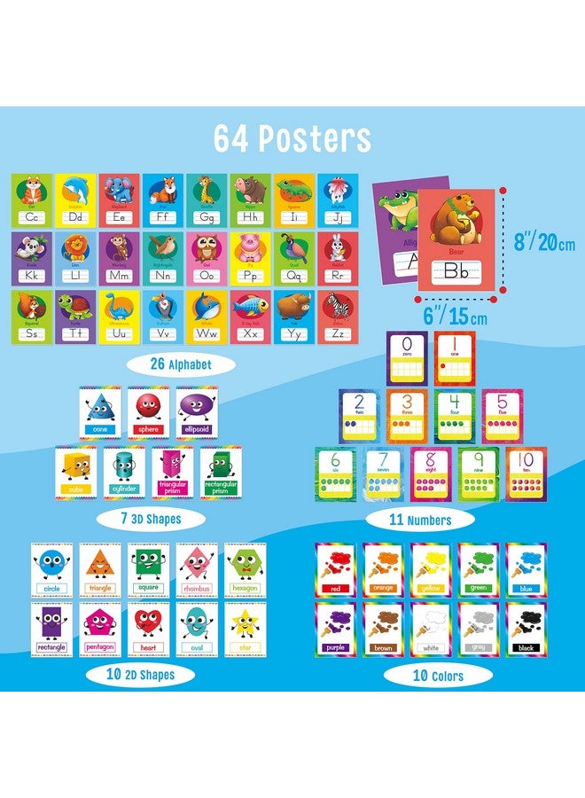 SpriteGru 64 Pcs Educational Cards, Laminated Water/Tear Proof Preschool Learning Posters Include Alphabet Numbers Colors & 2D/3D Shapes, Kindergarten Preschool Early Education Cards Home Classroom Decorations - Image 1
