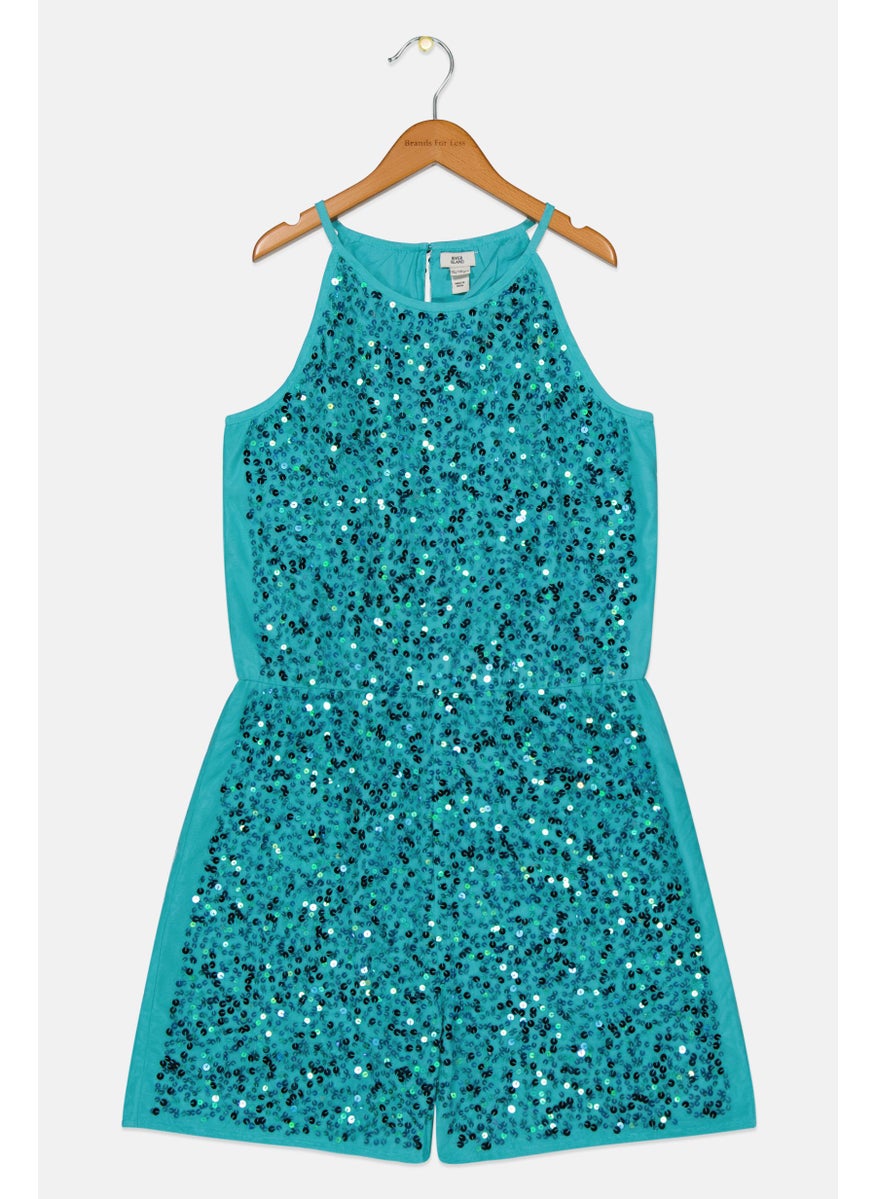 RIVER ISLAND Kids Girl Round Neck Sleeve Romper, Turqouise  - Image 1