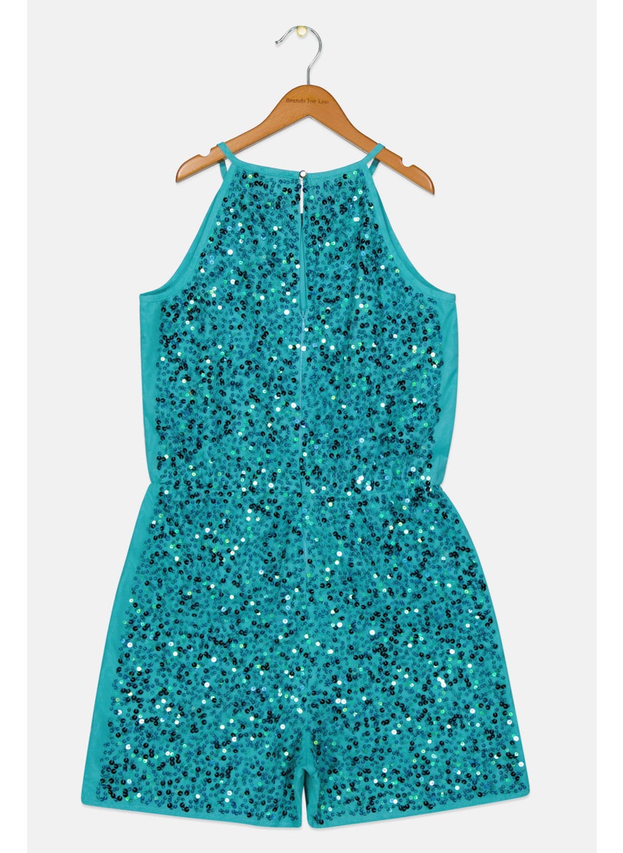 RIVER ISLAND Kids Girl Round Neck Sleeve Romper, Turqouise  - Image 2