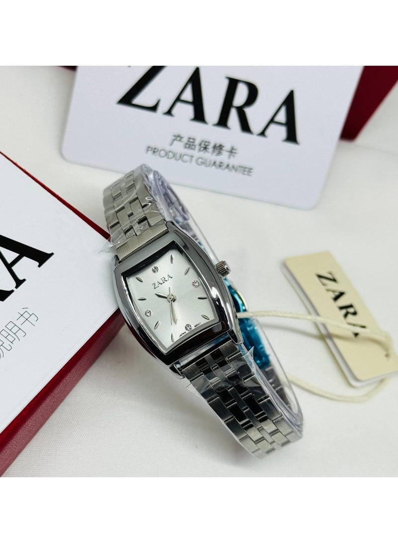 ZARA Luxury Women's Silver-Tone Barrel Watch | White Dial with Crystal Markers | Stainless Steel Bracelet