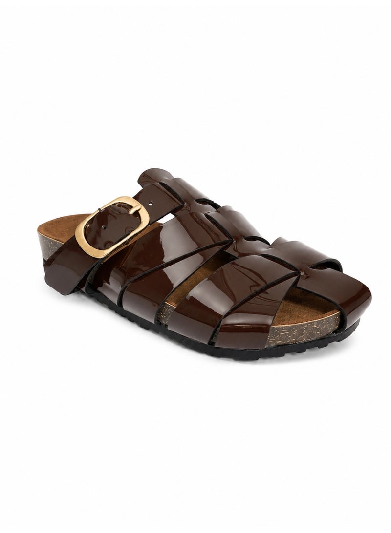 Slippers Flat Leather Glossy With Many Strap SL-246 - Brown