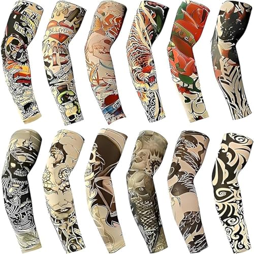YARIEW Tattoo Sleeves for Men, 12Pcs Fake Tattoos Sleeves to Cover Arms Cooling Sun Protection Tribes Skulls Patterns - Image 1