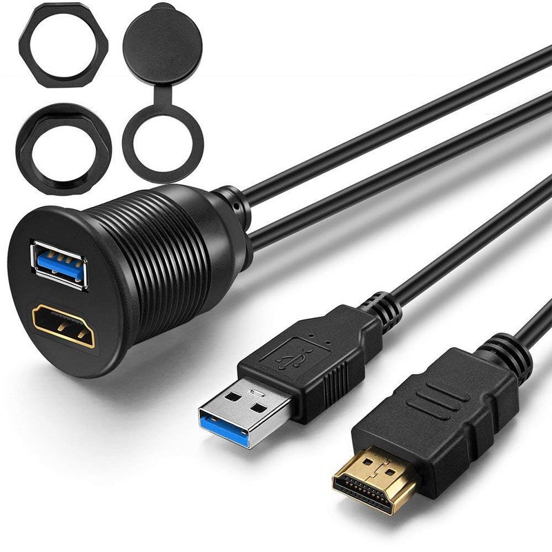 OBVIS USB3.0 and HDMI Mount Cable – USB3.0 and HDMI Extension Flush, Dash, Panel Mount Cable, for Car, Boat, Motorcycle (3 Feet) - Image 1
